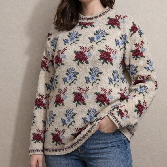 Vintage Sweaters - Y2K Vintage Sweater Dana Scott Womens Large Roses Cottagecore Granny Shabby Chic